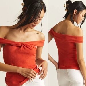 Maeve Anthropologie Off The Shoulder Top‎ S Orange Twist Front Textured Stretch